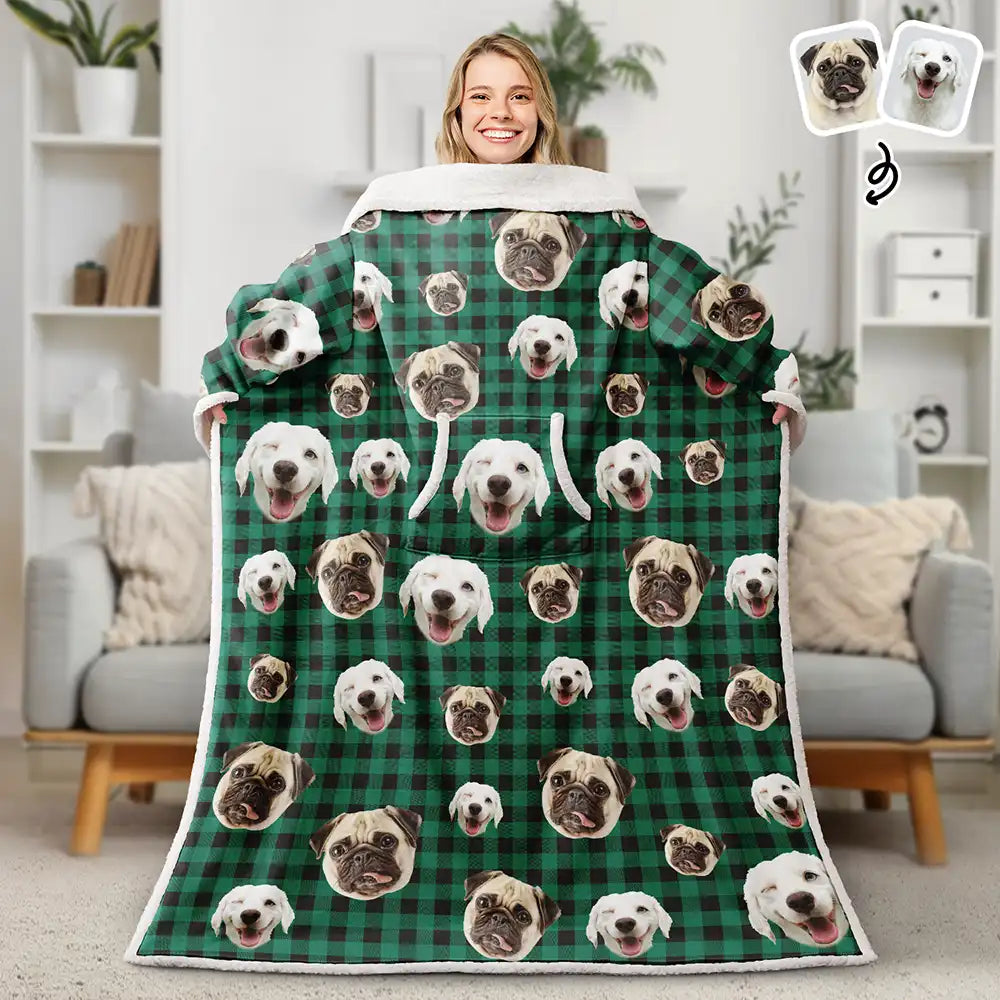 Custom Photo Funny Dog Cat Pet Human Face - Personalized Wearable Blanket With Sleeves