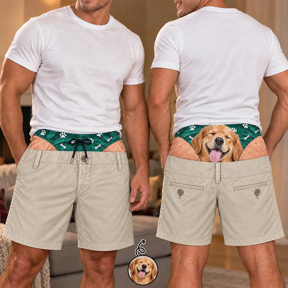 Pet Dad,Gift For Father,Humorous,Custom Photo,Pet Lovers,Cut-Face Photo - Custom Photo Funny Dog Pet Face Gift For Husband Boyfriend - Personalized Casual Shorts
