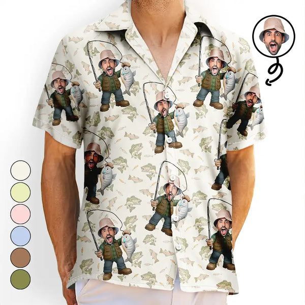 Gift For Yourself,Gift For Women,Gift For Men,Happy,Fishing - Custom Photo Funny Face Cut Fishing Man - Personalized Hawaiian Shirt