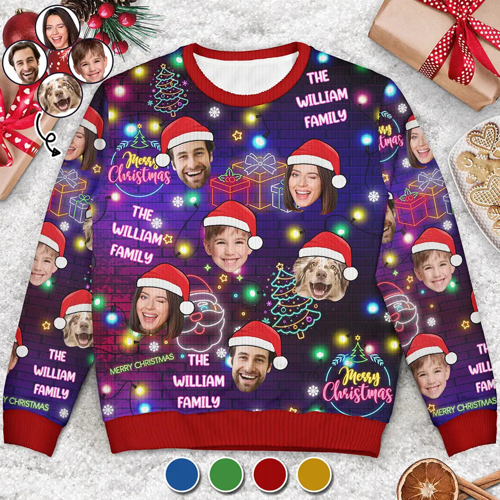 Family,Pet Lovers,Dog Lovers,Cat Lovers,Happy - Custom Photo Funny Family Pet Face Neon Light Style - Personalized Unisex Ugly Sweater
