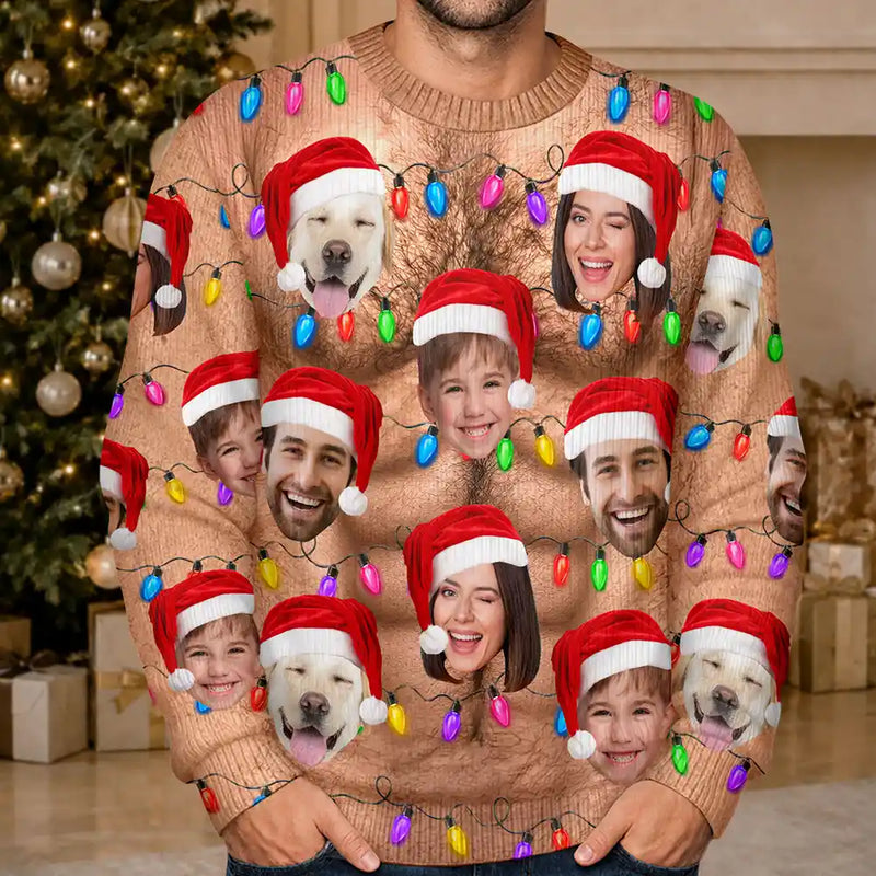Christmas, Humorous, Gift For Men, Custom Photo, Gift For Yourself, Cut-Face Photo - Custom Photo Funny Hairy Muscle Body Family Face Cut - Personalized Unisex Ugly Sweater