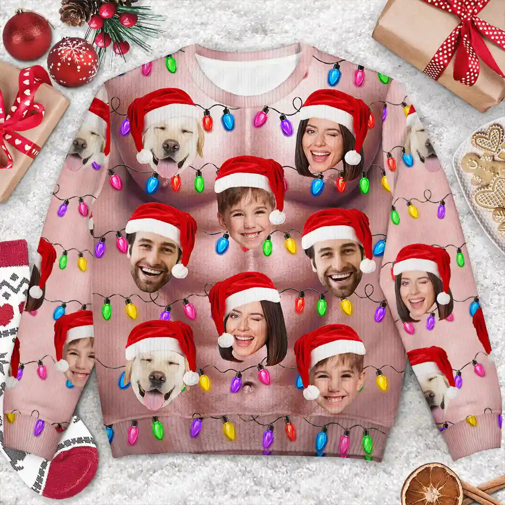 Christmas, Humorous, Gift For Men, Custom Photo, Gift For Yourself, Cut-Face Photo - Custom Photo Funny Hairy Muscle Body Family Face Cut - Personalized Unisex Ugly Sweater