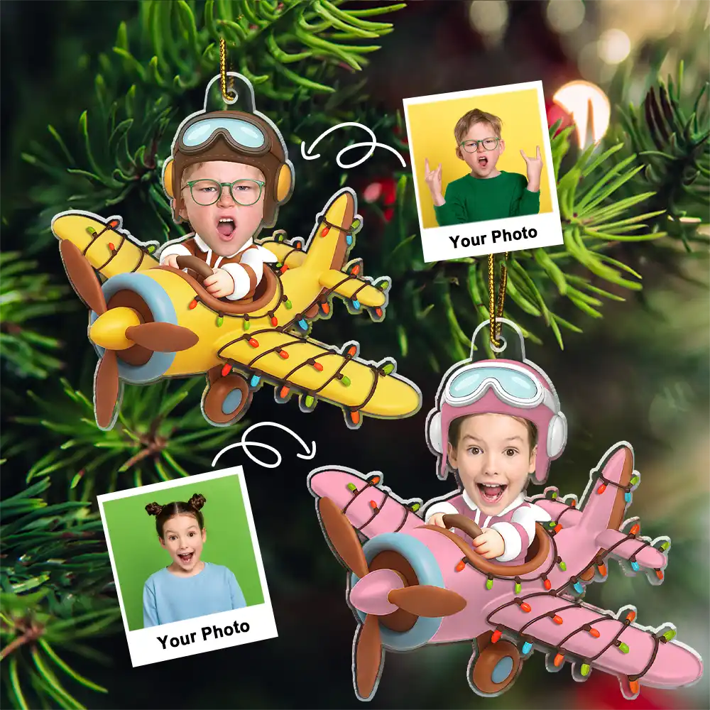 Gift For Kids,Gift For Grandkids,Photo Hobby Ornament,Custom Photo,Funny,Christmas - Custom Photo Funny Kid Face Airplane - Personalized Acrylic Photo Ornament