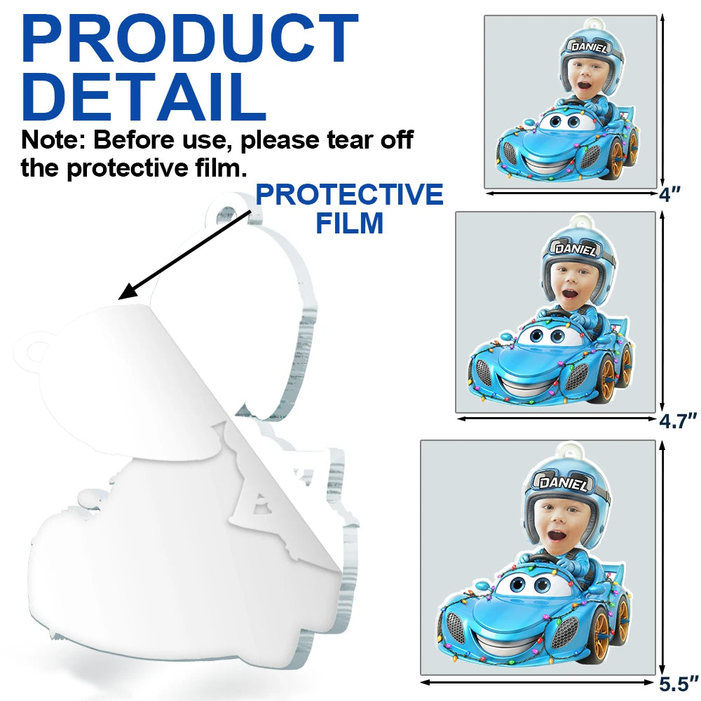 Top Market,Playful,Christmas,Custom Photo,Gift For Kids,Cut-Face Photo - Custom Photo Funny Kid Face Car Toys - Personalized Custom Shaped Acrylic Ornament