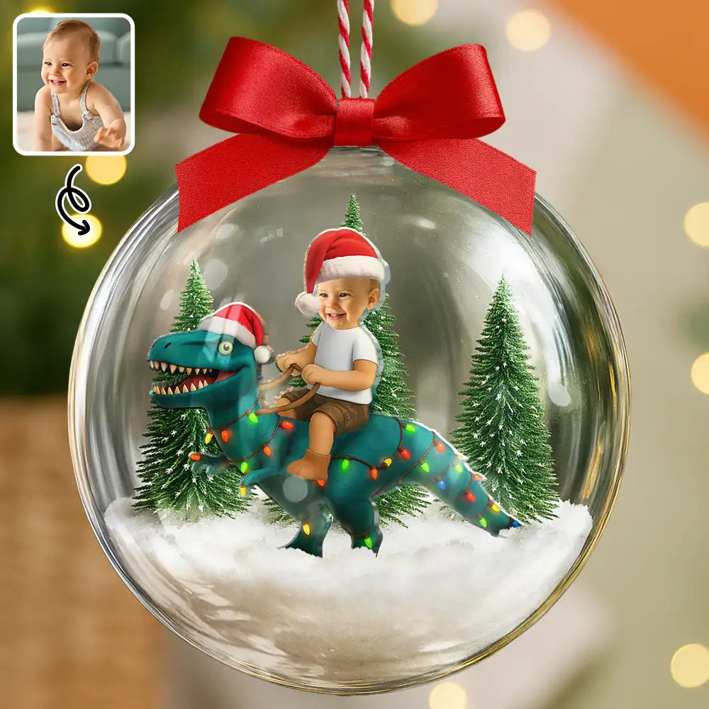 Gift For Kids, Custom Photo, Photo Hobby Ornament, Christmas, Happy - Custom Photo Funny Kid Xmas Dinosaur - Personalized 3D Acrylic Ball Ornament
