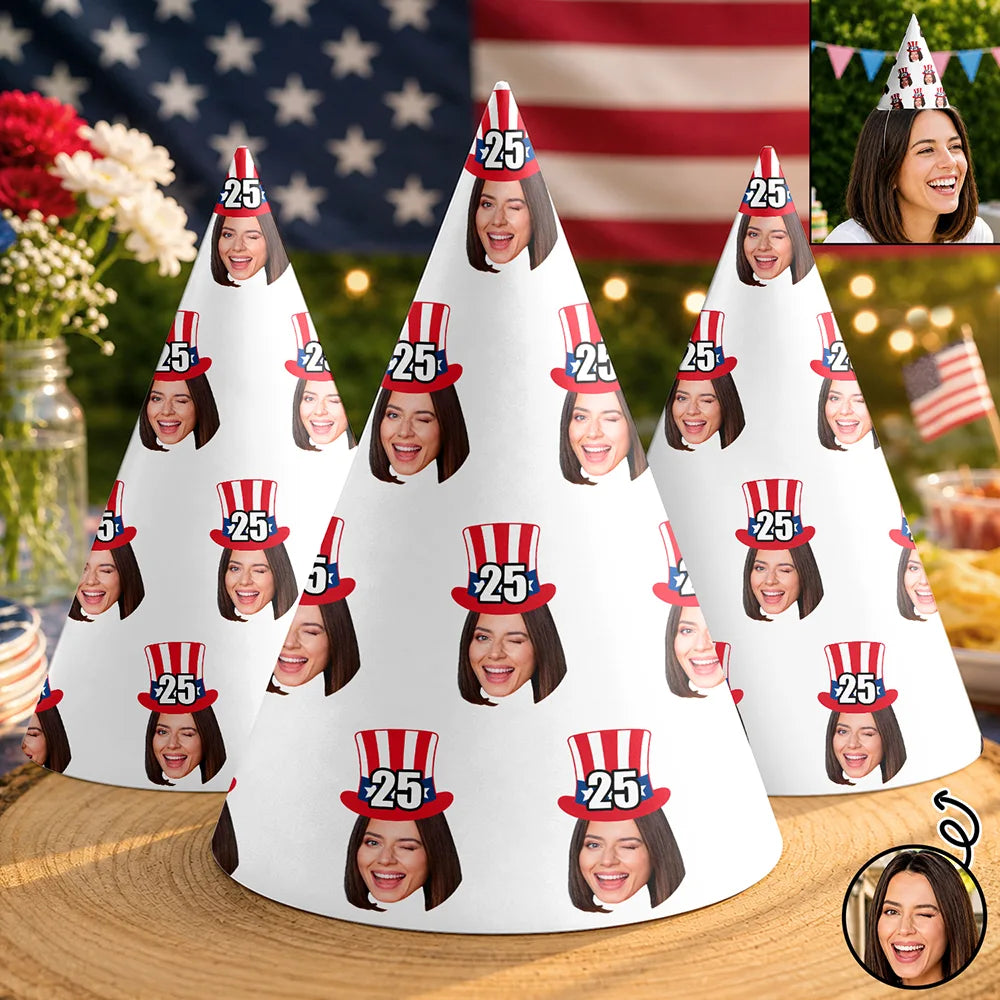 Gift For Yourself,Gift For Women,Custom Photo,Independence Day,Humorous,Cut-Face Photo,Icon - Custom Photo Funny Patriotic Face Birthday Family, Friends - Personalized Party Hats