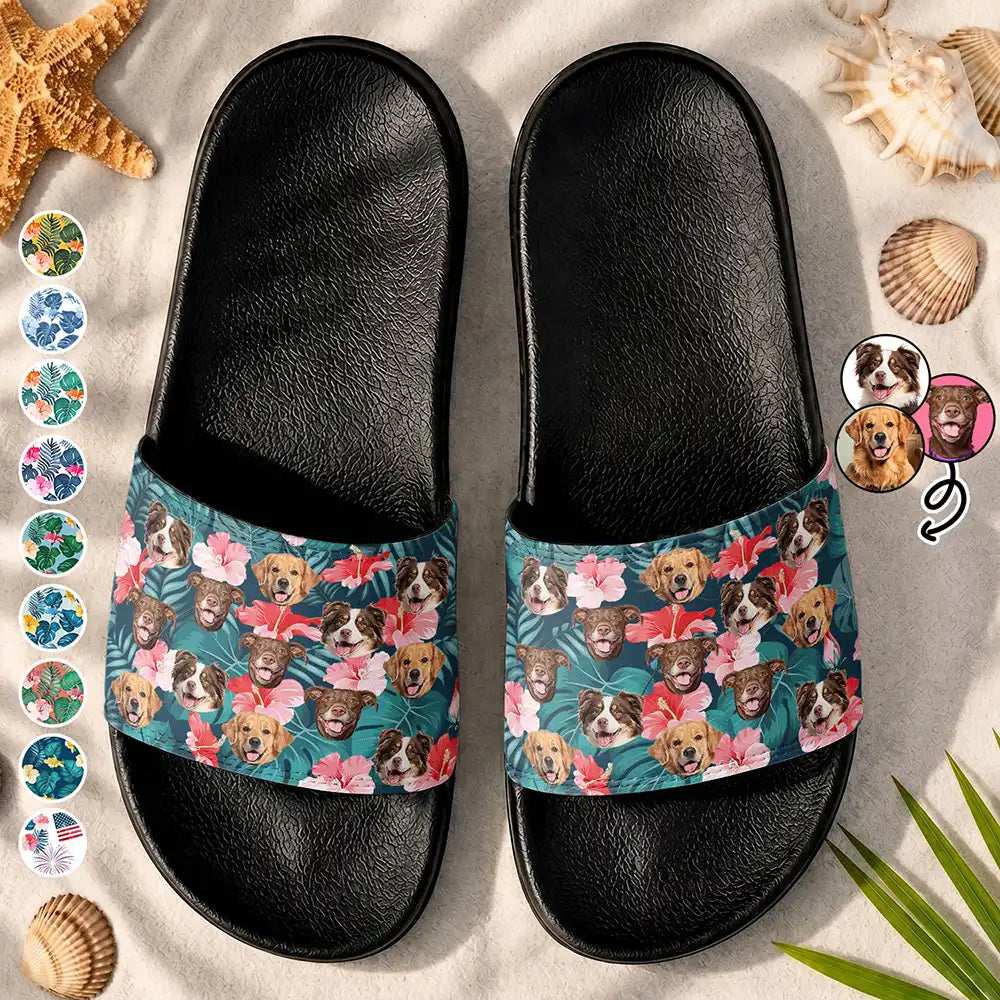 Dog Dad, Pet Lovers, Gift For Father, Custom Photo, Beach, Summer, Playful, Cut-Face Photo, Icon - Custom Photo Funny Pet Face Hawaii Gift For Family, Couple, Dog And Cat Lovers - Personalized Unisex Slides