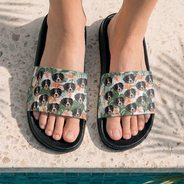 Dog Dad, Pet Lovers, Gift For Father, Custom Photo, Beach, Summer, Playful, Cut-Face Photo, Icon - Custom Photo Funny Pet Face Hawaii Gift For Family, Couple, Dog And Cat Lovers - Personalized Unisex Slides