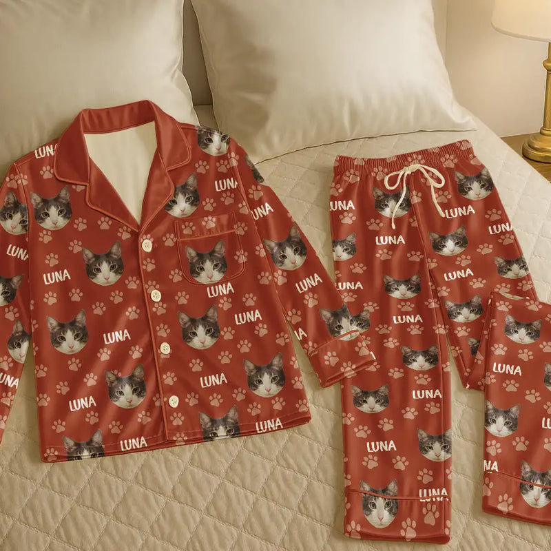 Dog Lovers,Pet Lovers,Cat Lovers,Cat Mom,Dog Mom,Pet Mom,Happy - Custom Photo Funny Pet Face Pattern Dog Cat - Personalized Satin Pajama Set