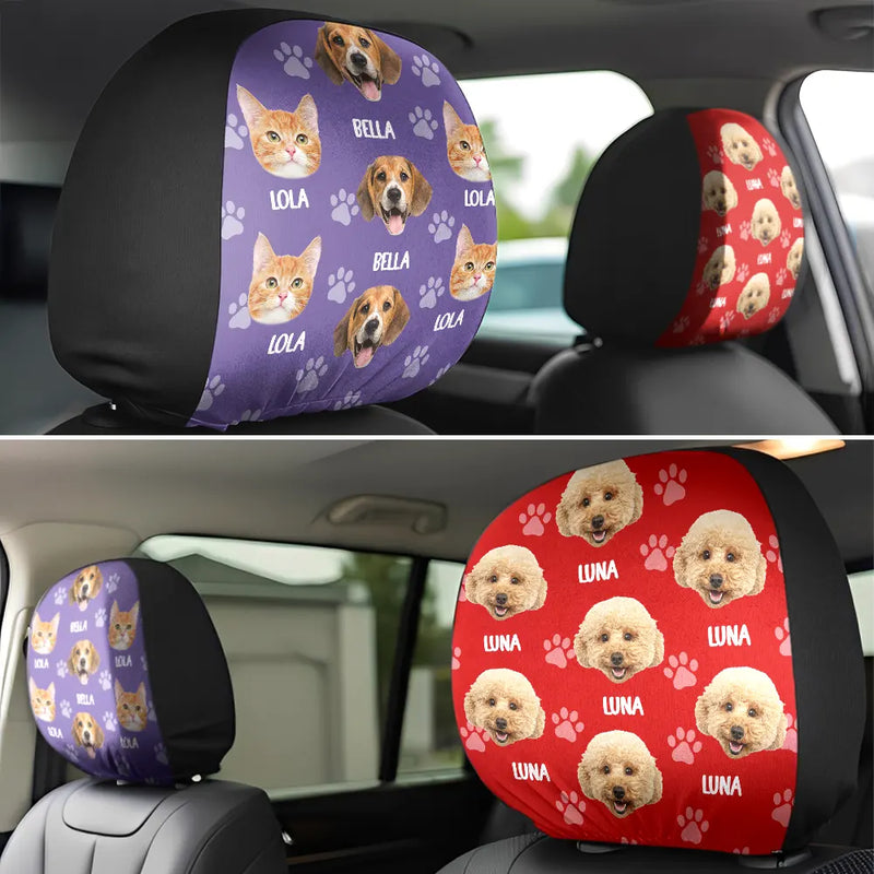 Pet Lovers,Custom Photo,Funny - Custom Photo Funny Pet Face Pattern Dog Cat Family - Personalized Car Headrest Covers