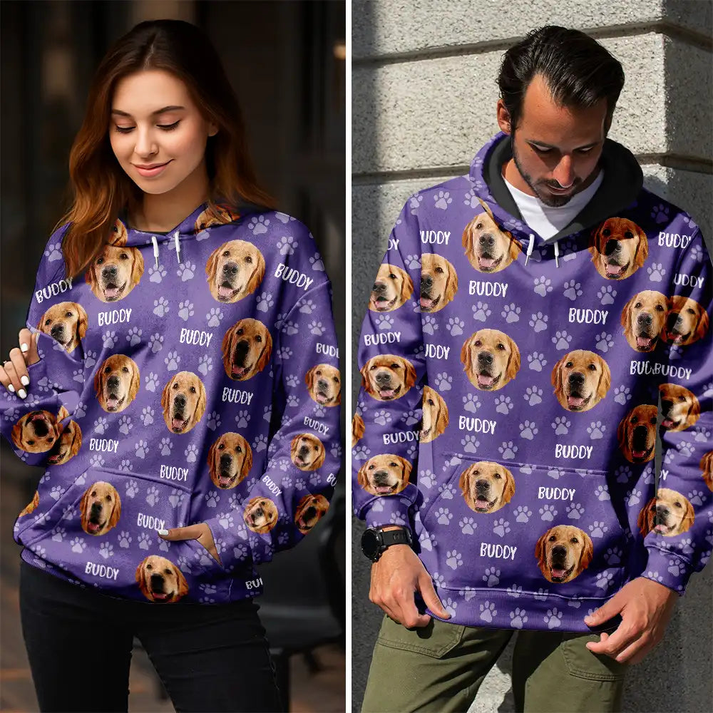 Cat Lovers,Pet Lovers,Dog Lovers,Dog Mom,Dog Dad,Cat Mom,Cat Dad,Happy - Custom Photo Funny Pet Face Pattern Dog Cat Family - Personalized Pullover Hoodie