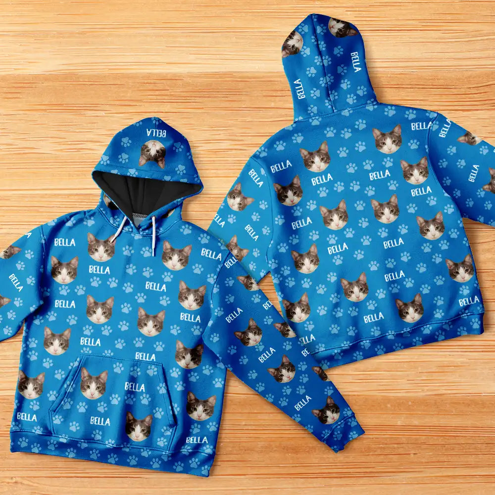 Cat Lovers,Pet Lovers,Dog Lovers,Dog Mom,Dog Dad,Cat Mom,Cat Dad,Happy - Custom Photo Funny Pet Face Pattern Dog Cat Family - Personalized Pullover Hoodie