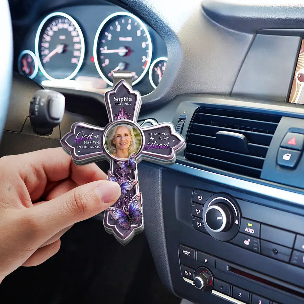 Memorial,Christian,Sad - Custom Photo God Has You In His Arms Cross Memorial Gifts - Personalized Custom Shaped Acrylic Car Visor Clip