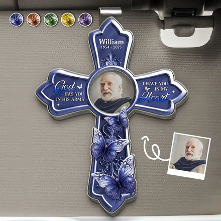 Custom Photo God Has You In His Arms Cross Memorial Gifts - Personalized Custom Shaped Acrylic Car Visor Clip