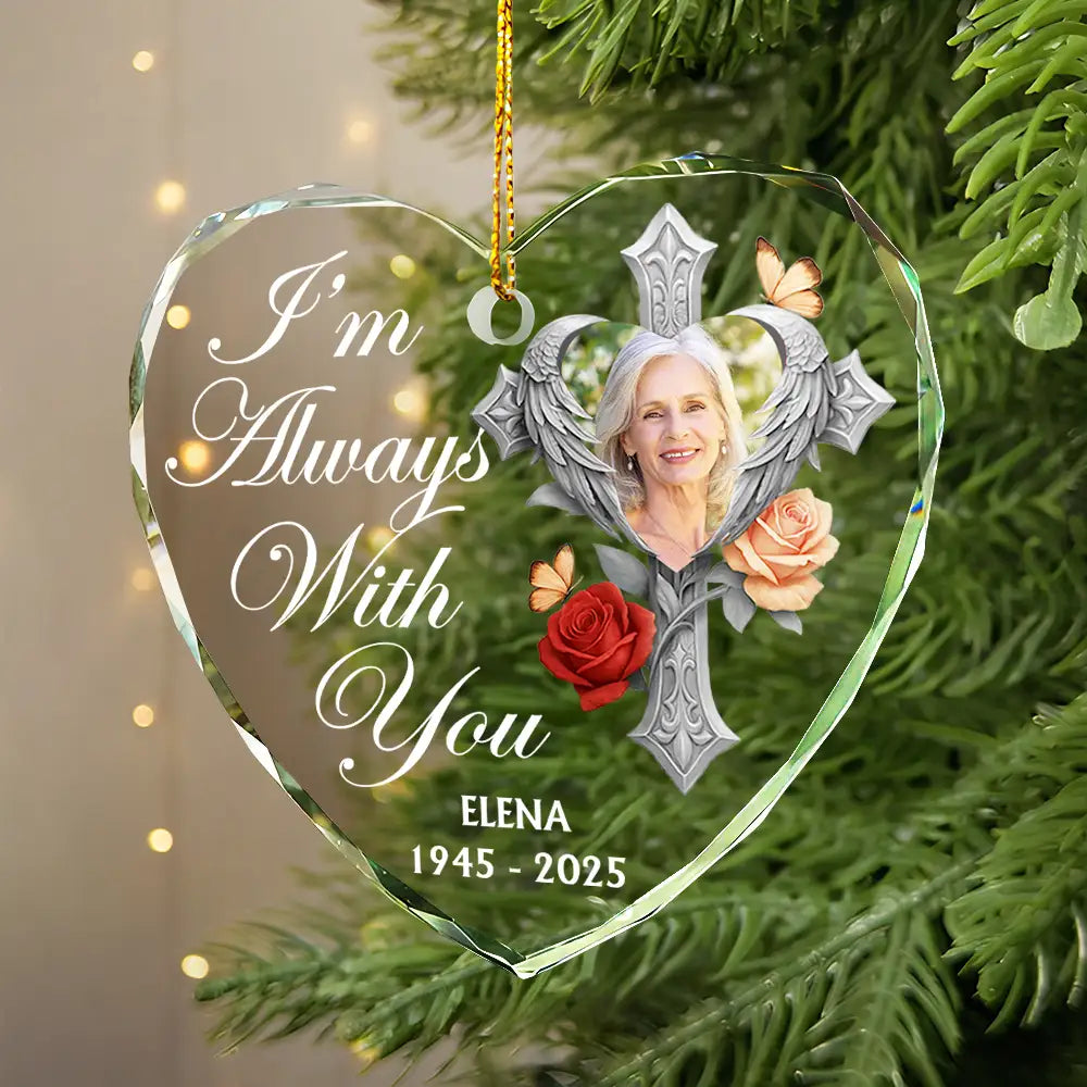 Memorial, Family, Parents, Gift For Grandparents, Sad, Christmas - Custom Photo God Has You In His Arms Memorial - Personalized Heart Shaped Glass Ornament