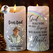 Gift For Grandparents, Gift For Grandma, Gift For Grandpa, Family, Memorial, Christmas - Custom Photo God Has You In His Keeping We Have You In Our Hearts - Personalized Flameless LED Candle