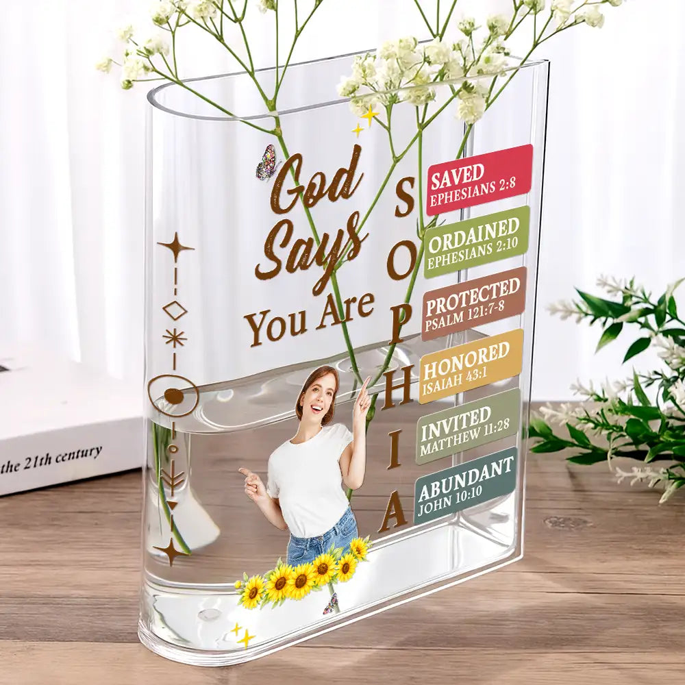 Gift For Yourself,Gift For Women,Happy,Gift For Men - Custom Photo God Says I Am Bible Verse - Personalized Acrylic Book Vase