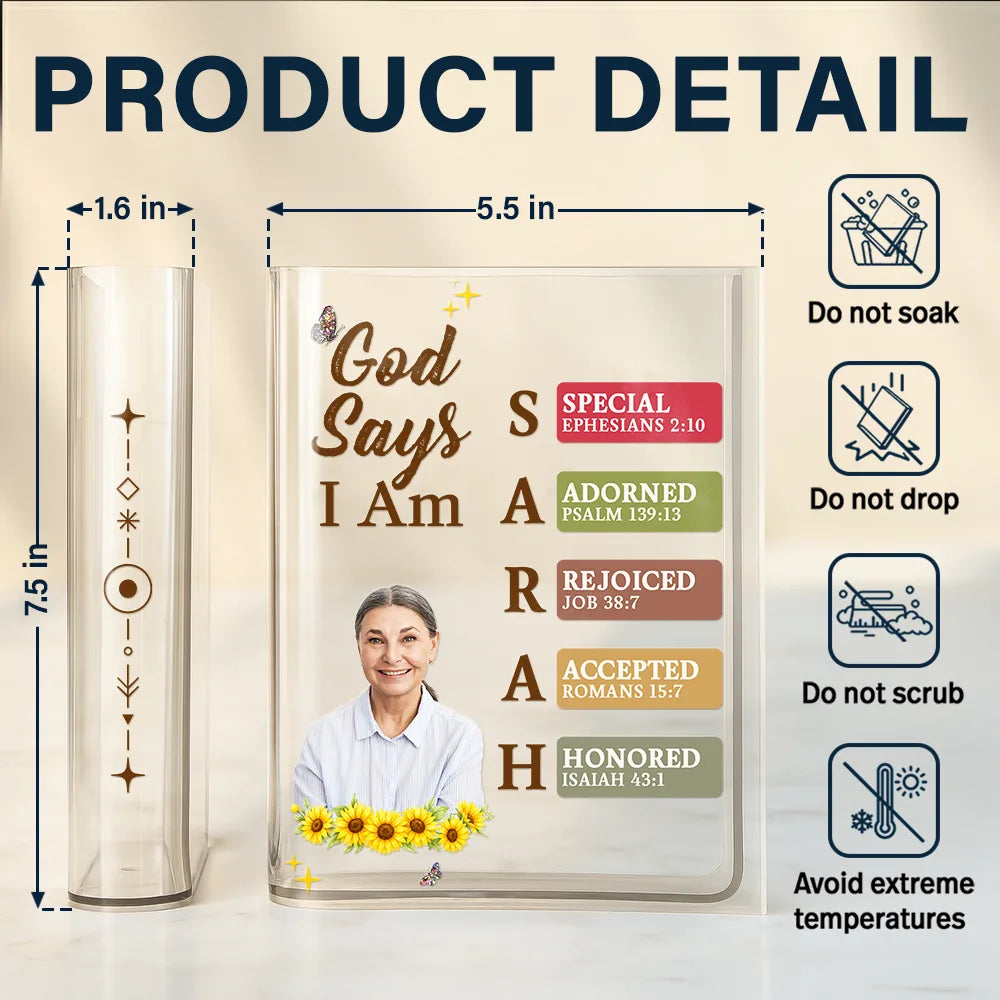 Gift For Yourself,Gift For Women,Happy,Gift For Men - Custom Photo God Says I Am Bible Verse - Personalized Acrylic Book Vase