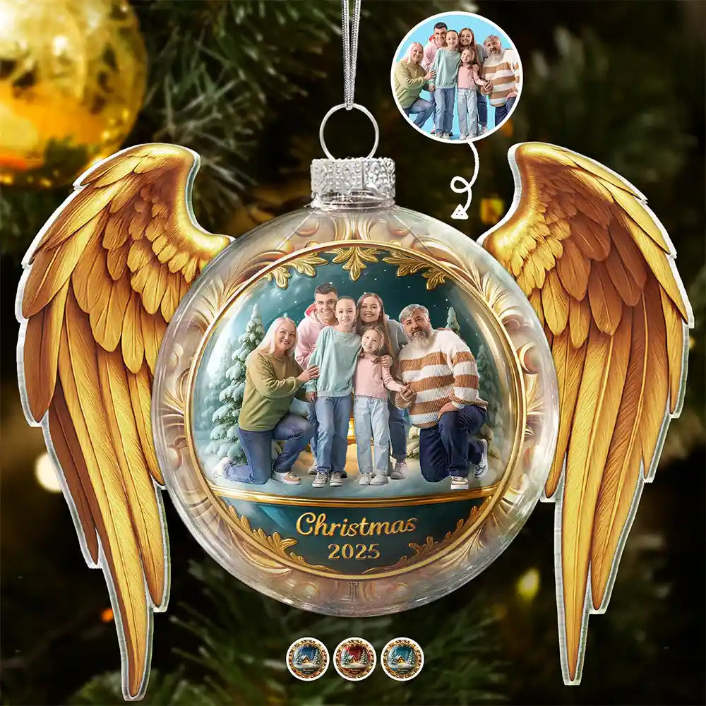 Custom Photo Golden Wings Memorial Always Missed Forever Loved - Personalized Custom Shaped Glass Ornament