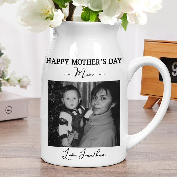 Gift For Mother,Gift For Grandma,Custom Photo,Love - Custom Photo Gray Scale I Love You Mommy - Personalized Ceramic Flower Vase