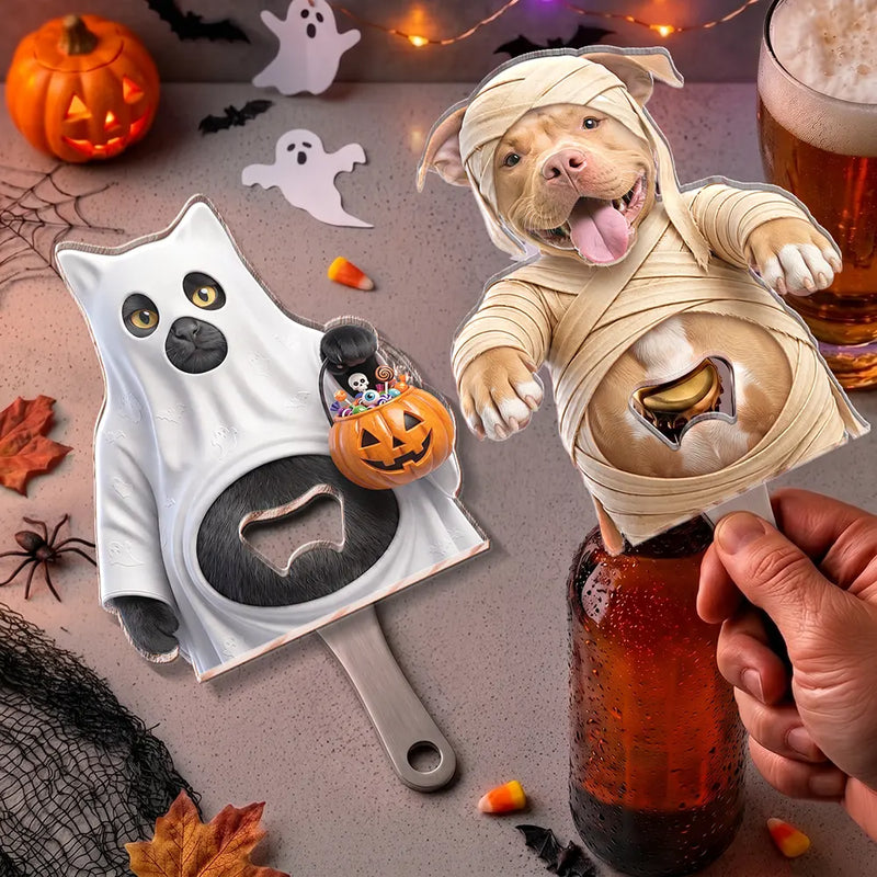 Art Design,Humorous,Halloween,Pet Lovers,Photo - Pet Belly Halloween Costume - Custom Photo Halloween Costume Pet Dog Cat Vampire Mummy Ghost - Personalized Custom Shaped Bottle Opener