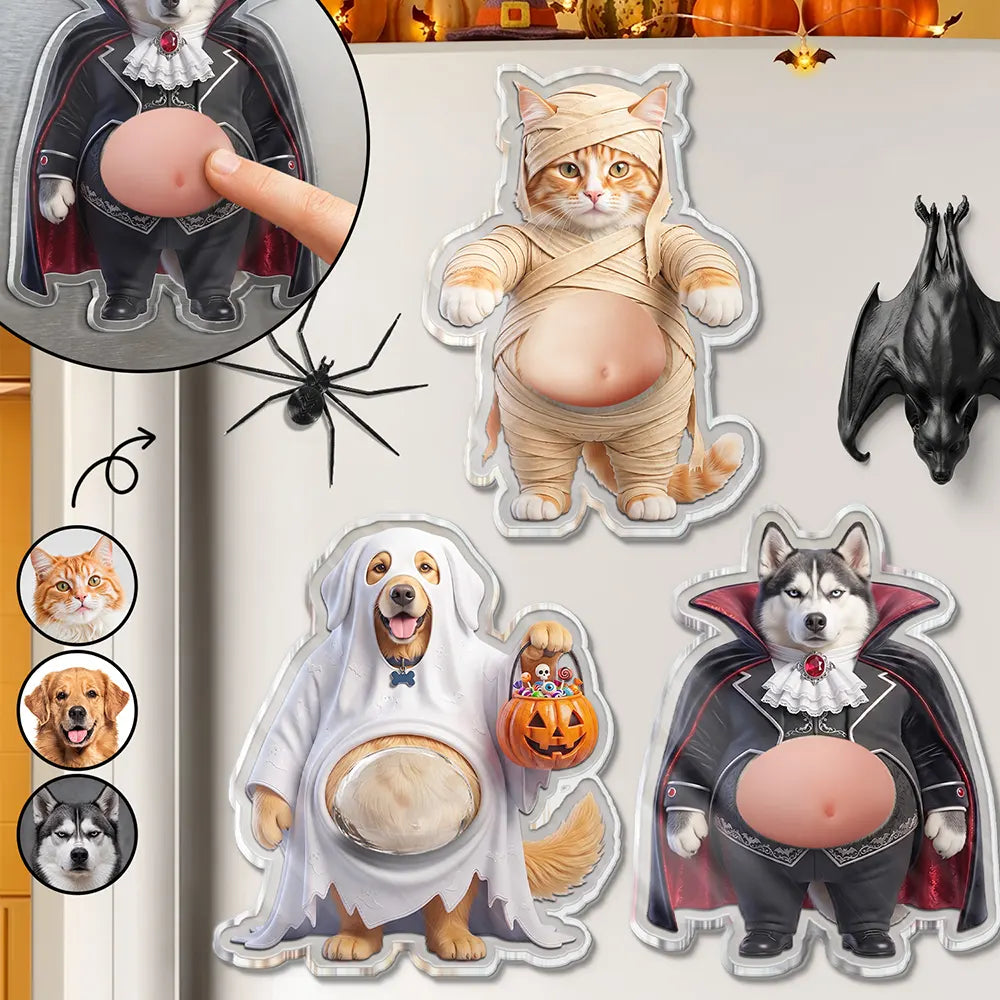 Art Design,Humorous,Halloween,Pet Lovers,Photo - Pet Belly Halloween Costume - Custom Photo Halloween Costume Pet Dog Cat Vampire Mummy Ghost - Personalized Squishy Acrylic Fridge Magnet