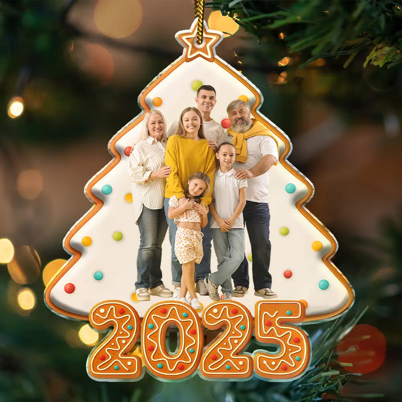Family,Pet Lovers,Pet Mom,Pet Dad,Pet Couple,Dog Lovers,Dog Couple,Dog Mom,Dog Dad,Cat Lovers,Cat Mom,Cat Dad,Cat Couple,Happy,Christmas,Top Market - Custom Photo Happy Family Christmas Tree Gingerbread - Personalized Custom Shaped Acrylic Ornament