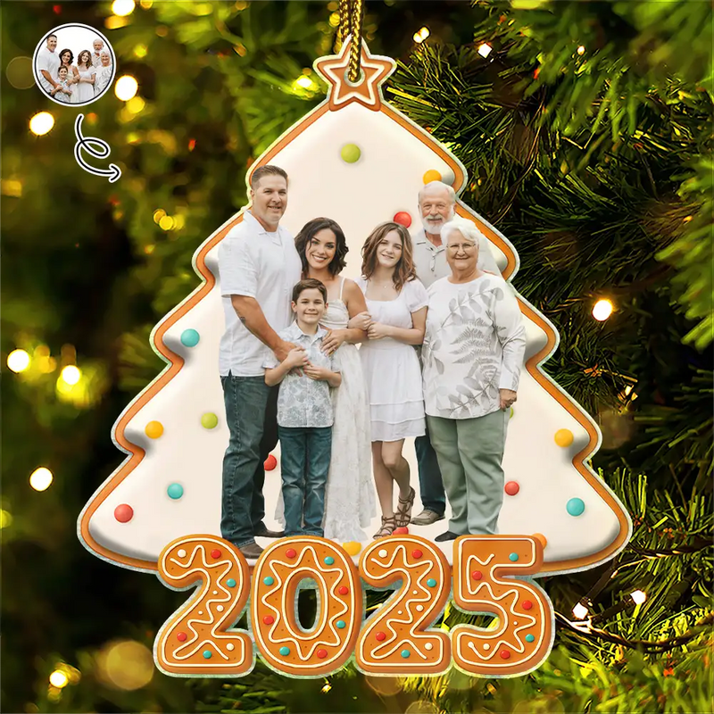 Family,Pet Lovers,Pet Mom,Pet Dad,Pet Couple,Dog Lovers,Dog Couple,Dog Mom,Dog Dad,Cat Lovers,Cat Mom,Cat Dad,Cat Couple,Happy,Christmas,Top Market - Custom Photo Happy Family Christmas Tree Gingerbread - Personalized Custom Shaped Acrylic Ornament