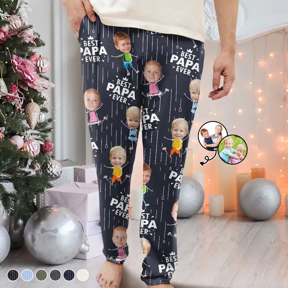 Gift For Grandpa,Gift For Father,Happy,Custom Photo - Custom Photo Happy Grandkids Best Papa Grandpa Ever Rain Pattern - Personalized Pajama Pants