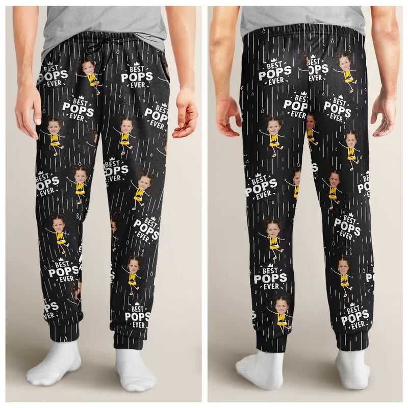 Gift For Grandpa,Gift For Father,Happy,Custom Photo - Custom Photo Happy Grandkids Best Papa Grandpa Ever Rain Pattern - Personalized Pajama Pants