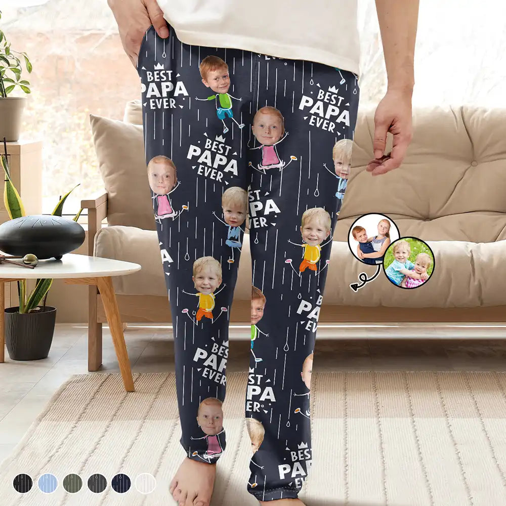 Custom Photo Happy Grandkids Best Papa Grandpa Ever Rain Pattern - Personalized Pajama Pants