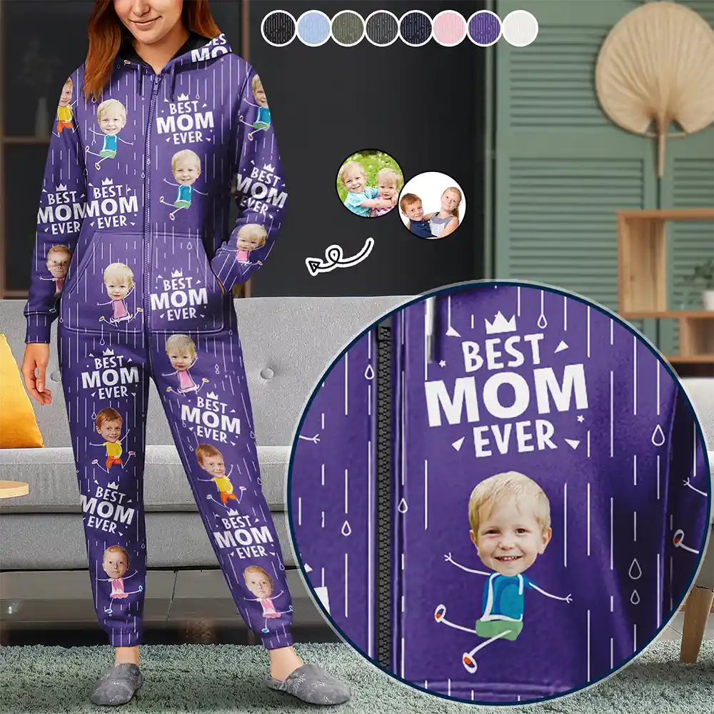 Custom Photo Happy Kids Best Dad Mom Ever Rain Pattern - Personalized Overall Onesie Hooded Jumpsuit
