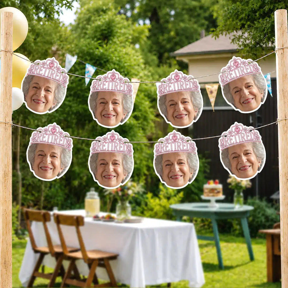 Custom Photo, Retirement, Gift For Yourself, Humorous, Cut-Face Photo, Icon - Custom Photo Happy Retirement Queen, King - Personalized Garland Banner