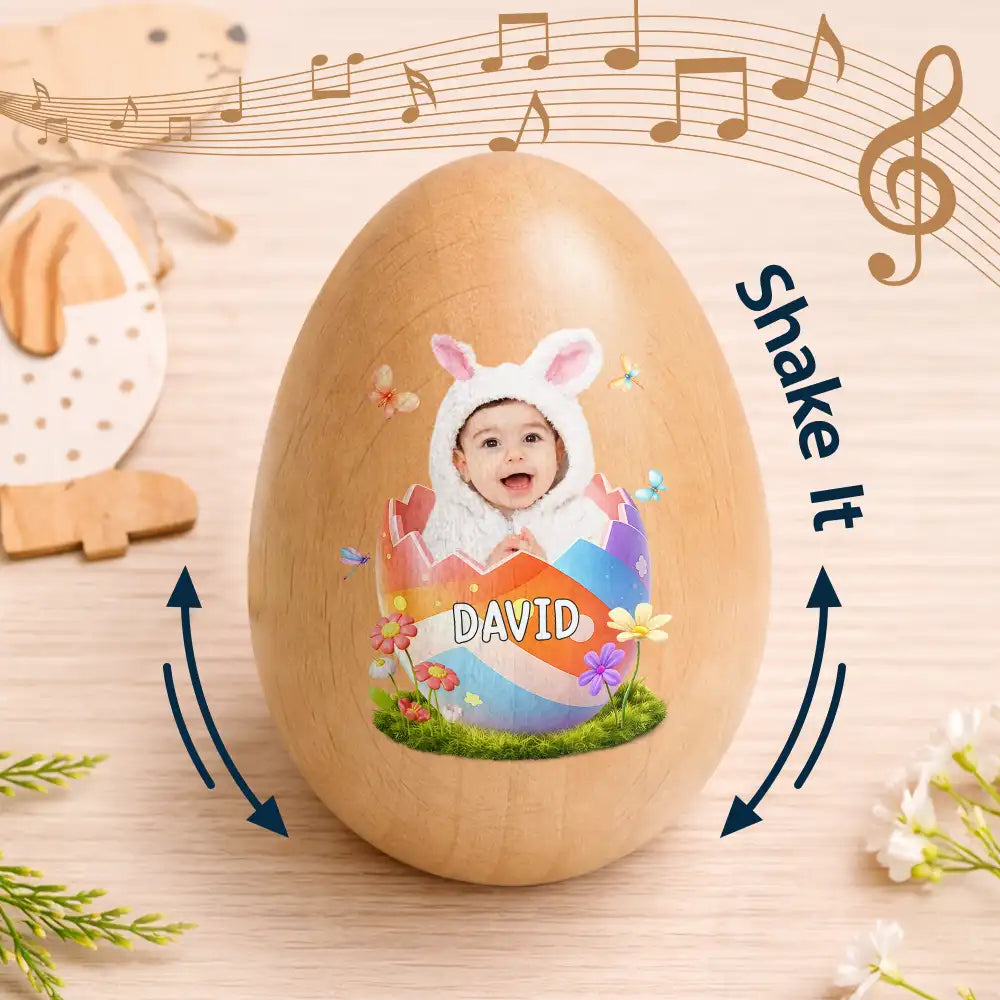 Easter,Non-Eng,Gift For Kids,Gift For Grandkids,Grandma - Grandkids,Grandpa - Grandkids,Dad - Children,Mom - Children,Happy - Custom Photo Hatching Easter Egg - Personalized Musical Wooden Easter Egg Shaker