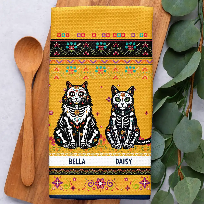 Art Design,Playful,Pet Lovers,Hispanic,Photo - Hispanic Mexican Flowers Pet - Custom Photo Hispanic Pet Day Of The Dead Hispanic Mexican Dog Cat - Personalized Kitchen Towel