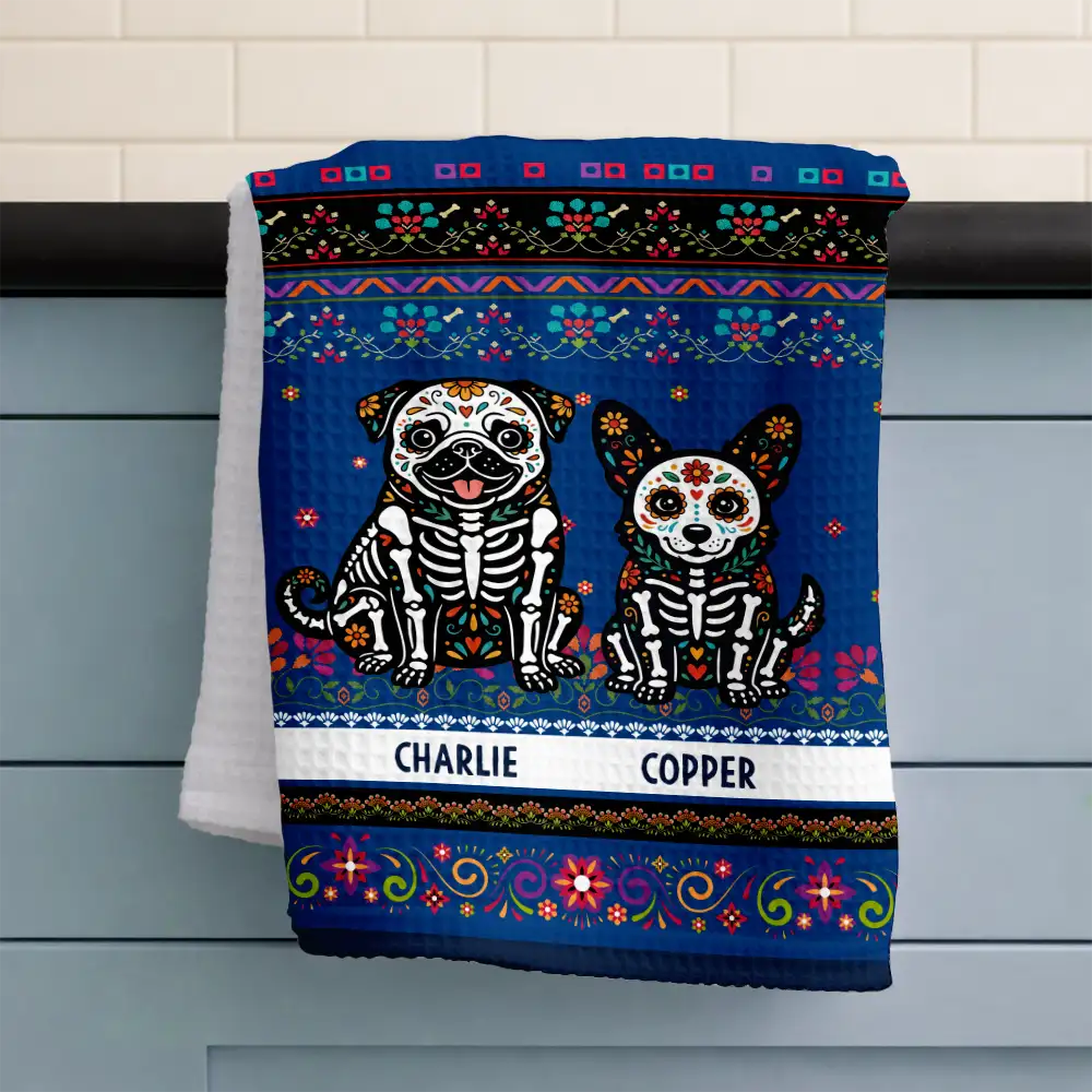 Art Design,Playful,Pet Lovers,Hispanic,Photo - Hispanic Mexican Flowers Pet - Custom Photo Hispanic Pet Day Of The Dead Hispanic Mexican Dog Cat - Personalized Kitchen Towel