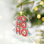 Family,Christmas,Happy,Pet Couple,Gift For Couples - Custom Photo Ho Ho Ho Family Christmas Tree - Personalized Custom Shaped Acrylic Ornament
