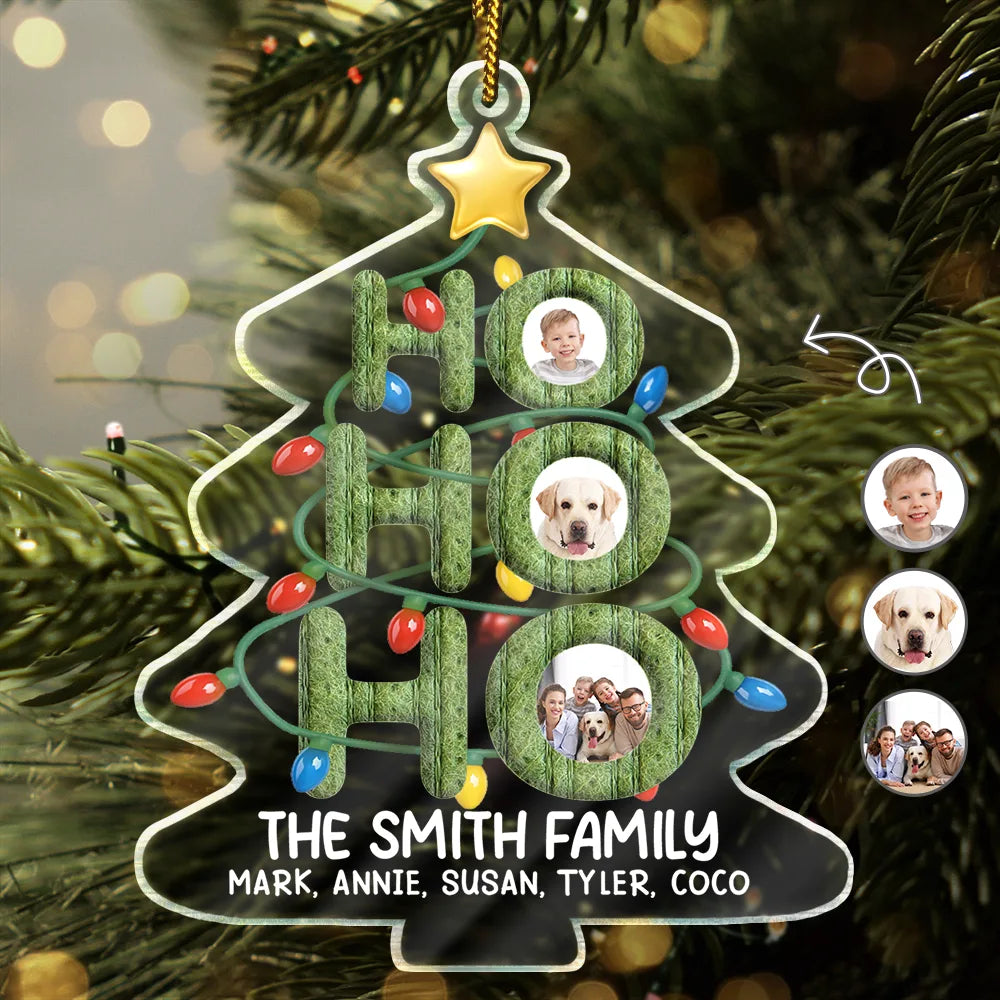 Family,Christmas,Happy,Pet Couple,Gift For Couples - Custom Photo Ho Ho Ho Family Christmas Tree - Personalized Custom Shaped Acrylic Ornament
