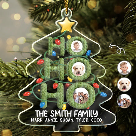 Custom Photo Ho Ho Ho Family Christmas Tree - Personalized Custom Shaped Acrylic Ornament