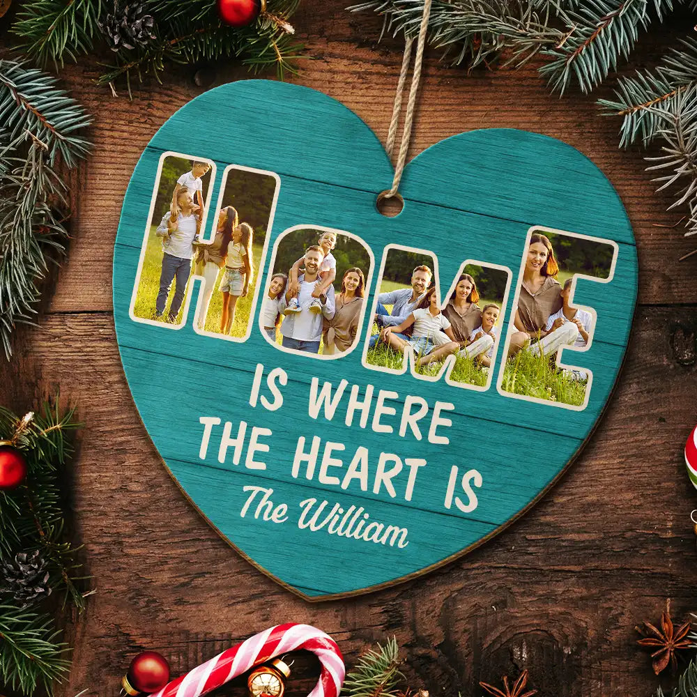 Family,Gift For Couples,Parents,Gift For Grandparents,Custom Photo,Christmas,Happy - Custom Photo Home Is Where The Heart Is - Personalized Custom Shaped Wooden Ornament