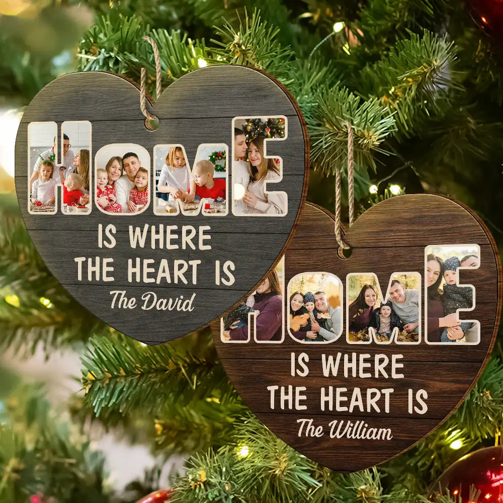 Family,Gift For Couples,Parents,Gift For Grandparents,Custom Photo,Christmas,Happy - Custom Photo Home Is Where The Heart Is - Personalized Custom Shaped Wooden Ornament
