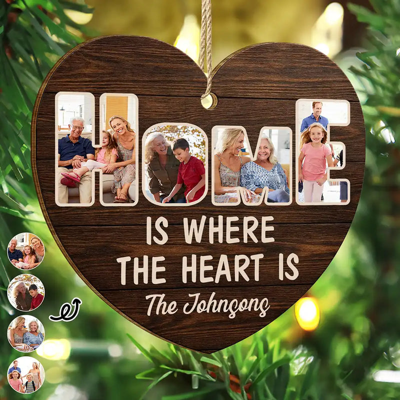 Family,Gift For Couples,Parents,Gift For Grandparents,Custom Photo,Christmas,Happy - Custom Photo Home Is Where The Heart Is - Personalized Custom Shaped Wooden Ornament