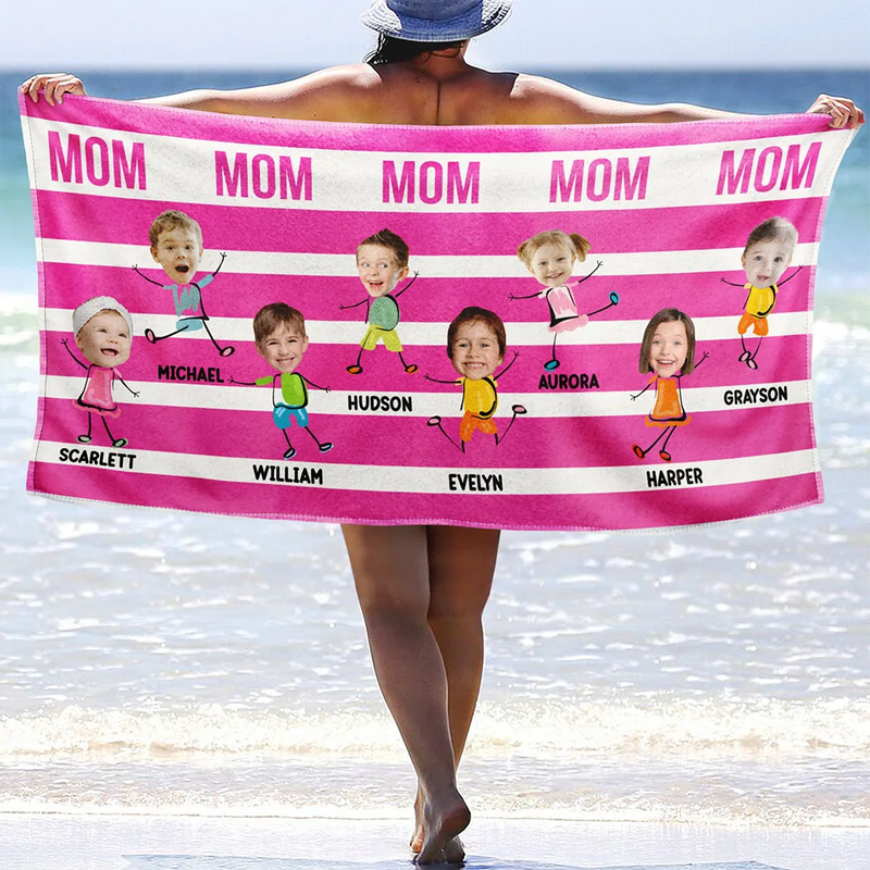 Gift For Mother,Gift For Aunt,Gift For Grandma,Funny,Custom Photo - Custom Photo Hot Mom Mum Aunt Summer Color Stripe - Personalized Beach Towel