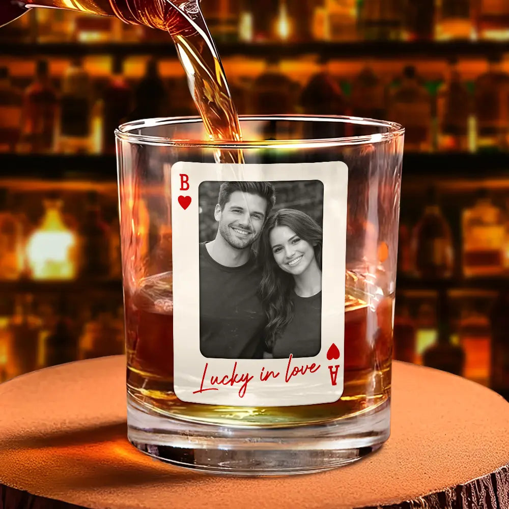 Gift For Couples,Old Couples,Gift For Husband,Gift For Wife,Gift For Boyfriend,Gift For Girlfriend,Love,Custom Photo - Custom Photo How Lucky Are We Playing Card - Personalized Whiskey Glass
