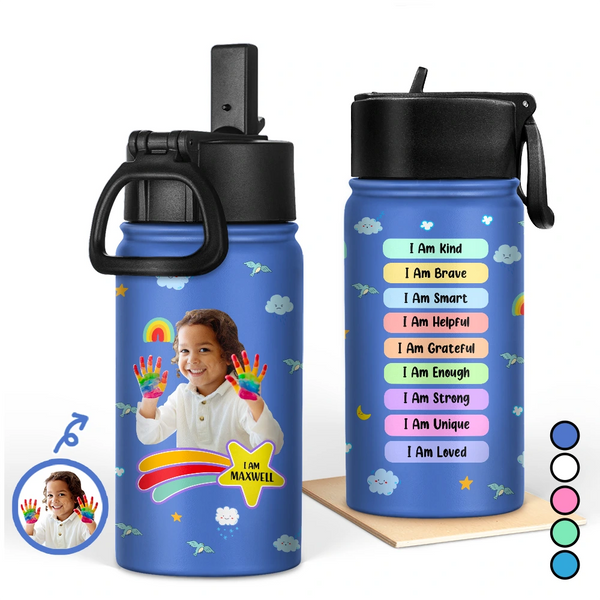 Gift For Kids,Back To School - Custom Photo I Am Affirmations - Personalized Kids Water Bottle