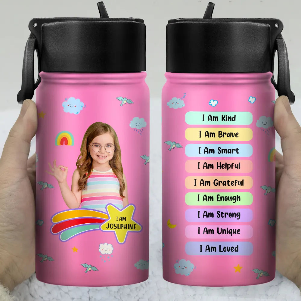 Gift For Kids,Back To School - Custom Photo I Am Affirmations - Personalized Kids Water Bottle