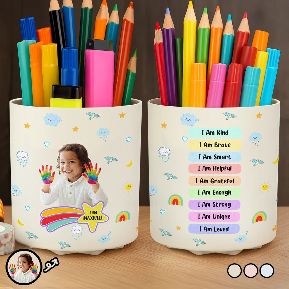 Gift For Kids,Back To School - Custom Photo I Am Affirmations - Personalized Rotating Pen Holder