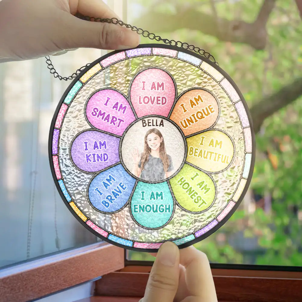 Custom Photo, Gift For Kids, Summer, Adorable, Remove BG Photo - Custom Photo I Am Smart Kind Brave Butterfly Flower Rainbow - Personalized Stained Glass Window Hanging Suncatcher