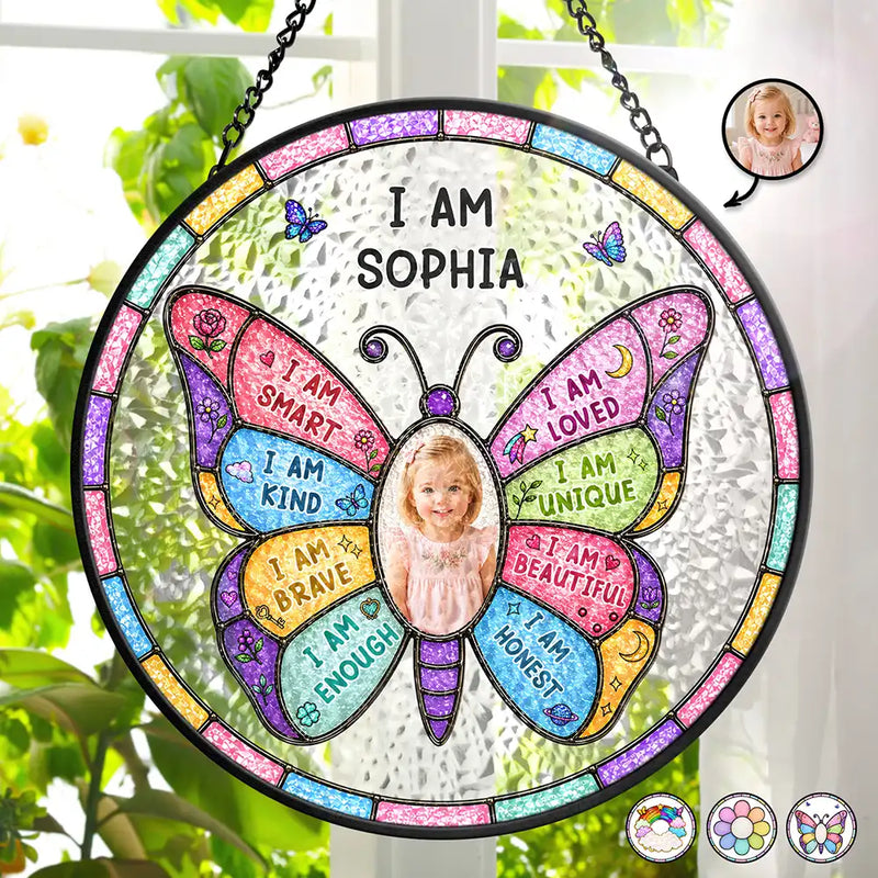 Custom Photo, Gift For Kids, Summer, Adorable, Remove BG Photo - Custom Photo I Am Smart Kind Brave Butterfly Flower Rainbow - Personalized Stained Glass Window Hanging Suncatcher