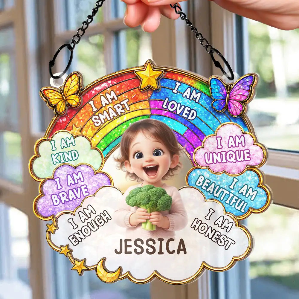 Indoor Decor, Custom Photo, Gift For Kids, Summer, Adorable, Remove BG Photo - Custom Photo I Am Smart Kind Brave Butterfly Flower Rainbow - Personalized Window Hanging Suncatcher Ornament